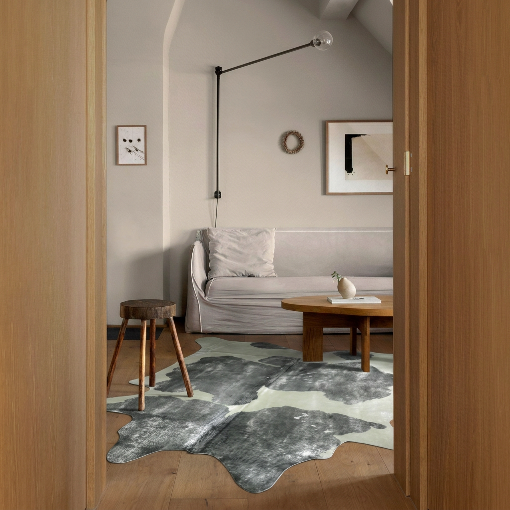 Silver brushed grey and white metallic cowhide rug styled on the oak floor of a minimal attic sitting room