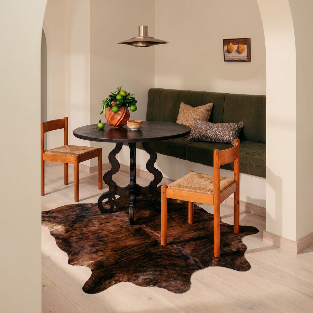 Dark brindle cowhide rug styled on the floor of an editorial interior