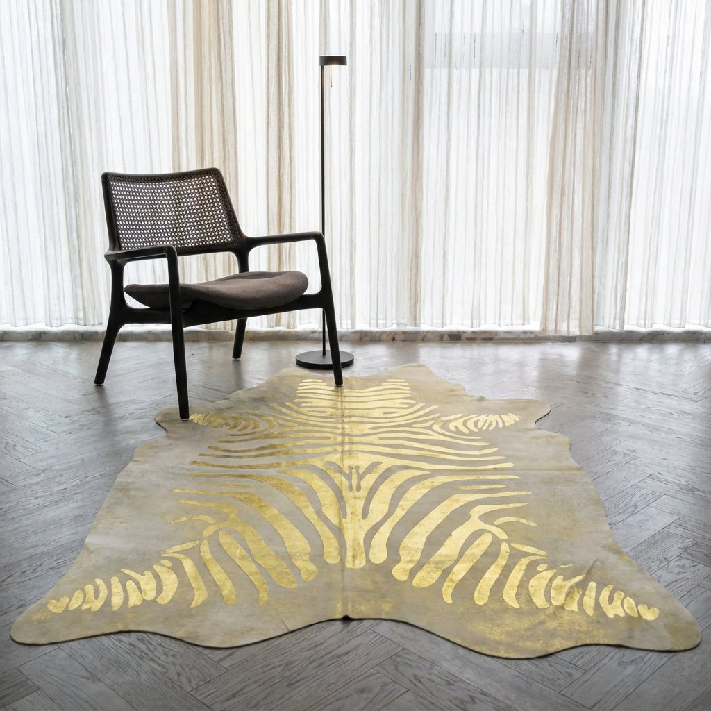 Gold zebra metallic cowhide rug styled on grey parquet by sheer curtains and a cane lounge chair
