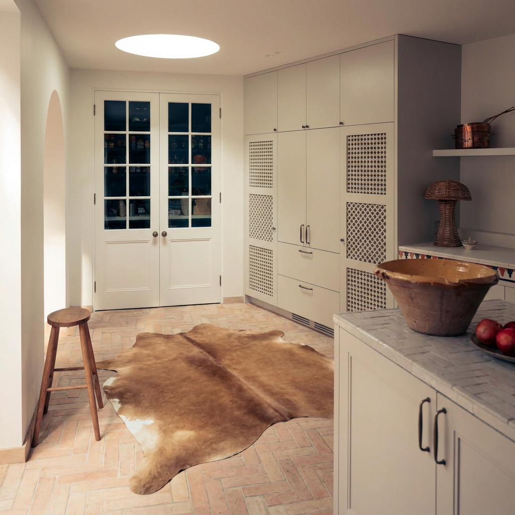 Caramel and ivory exotic printed cowhide rug styled on the floor of an editorial interior