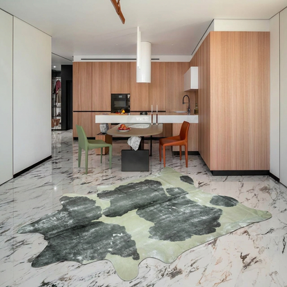 Silver brushed grey and white metallic cowhide rug styled on the marble floor of a modern minimal kitchen-dining room