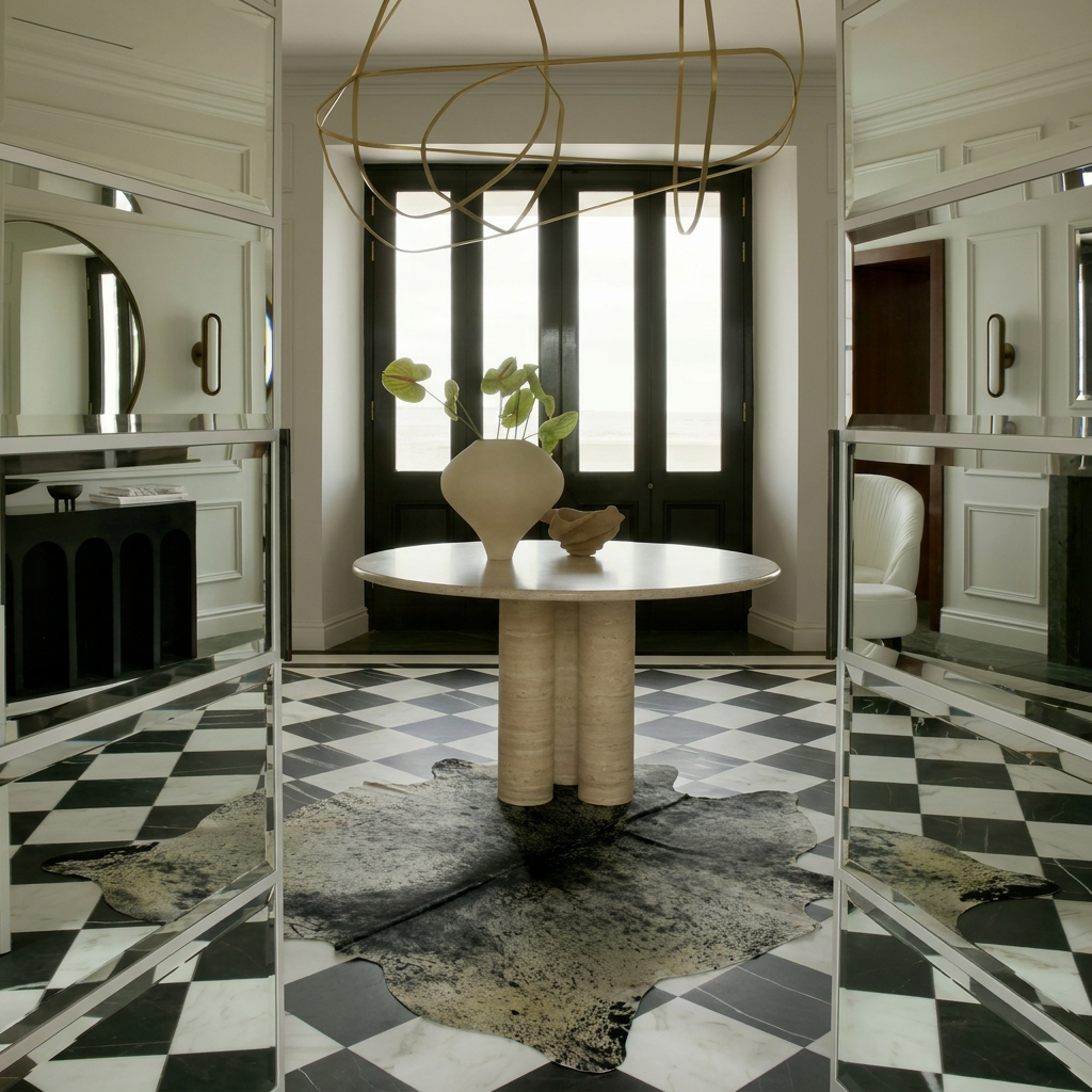 Black and white speckled cowhide rug styled on the checkerboard marble floor of a monochrome minimal entryway
