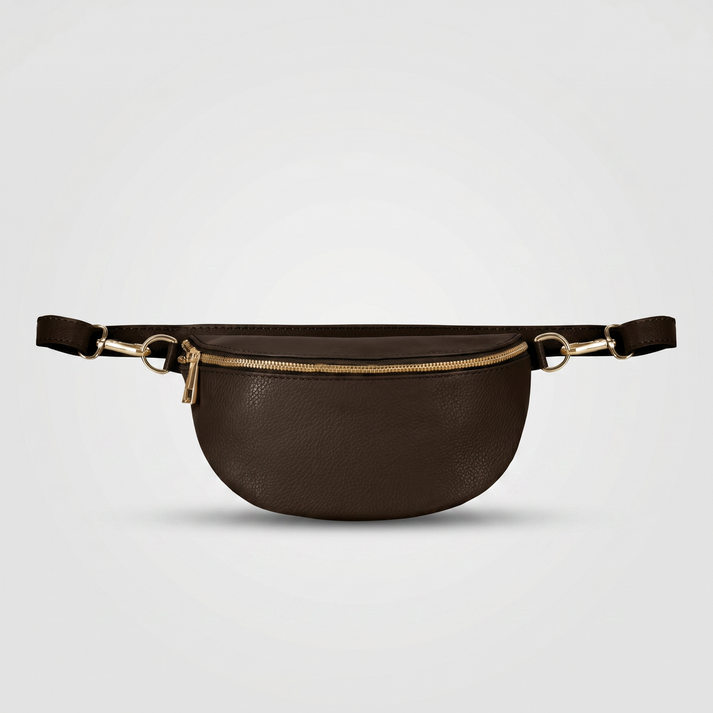 Romy leather crossbody bum bag in Dark Chocolate on light grey studio background