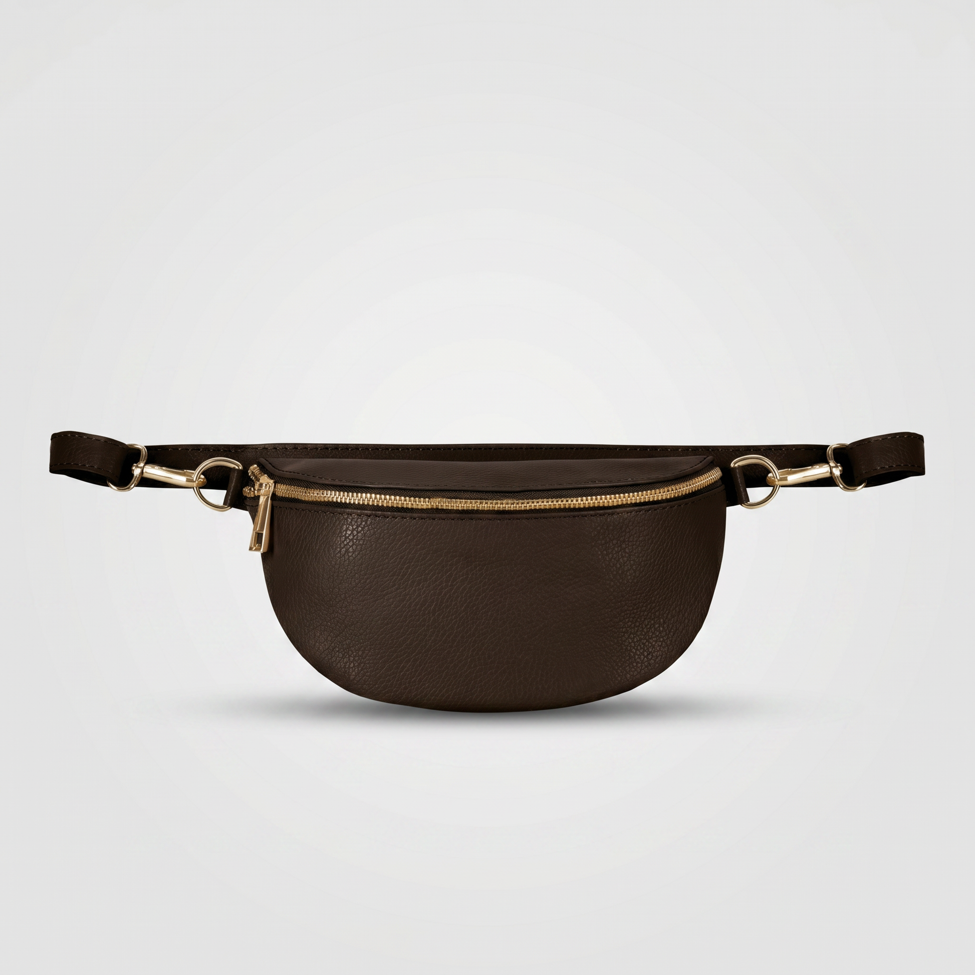 Romy leather crossbody bum bag in Dark Chocolate on light grey studio background