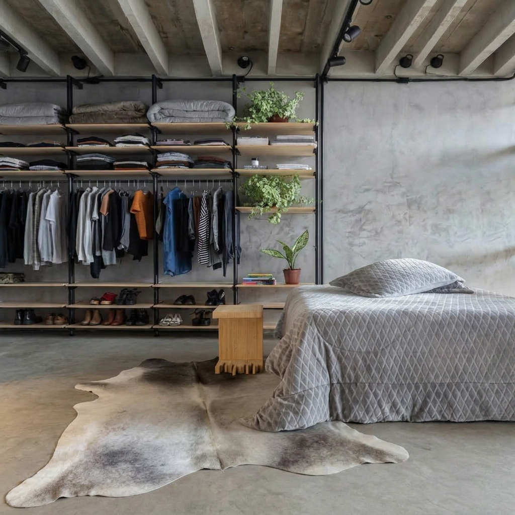 Grey cowhide rug styled on the polished concrete floor of an industrial loft bedroom