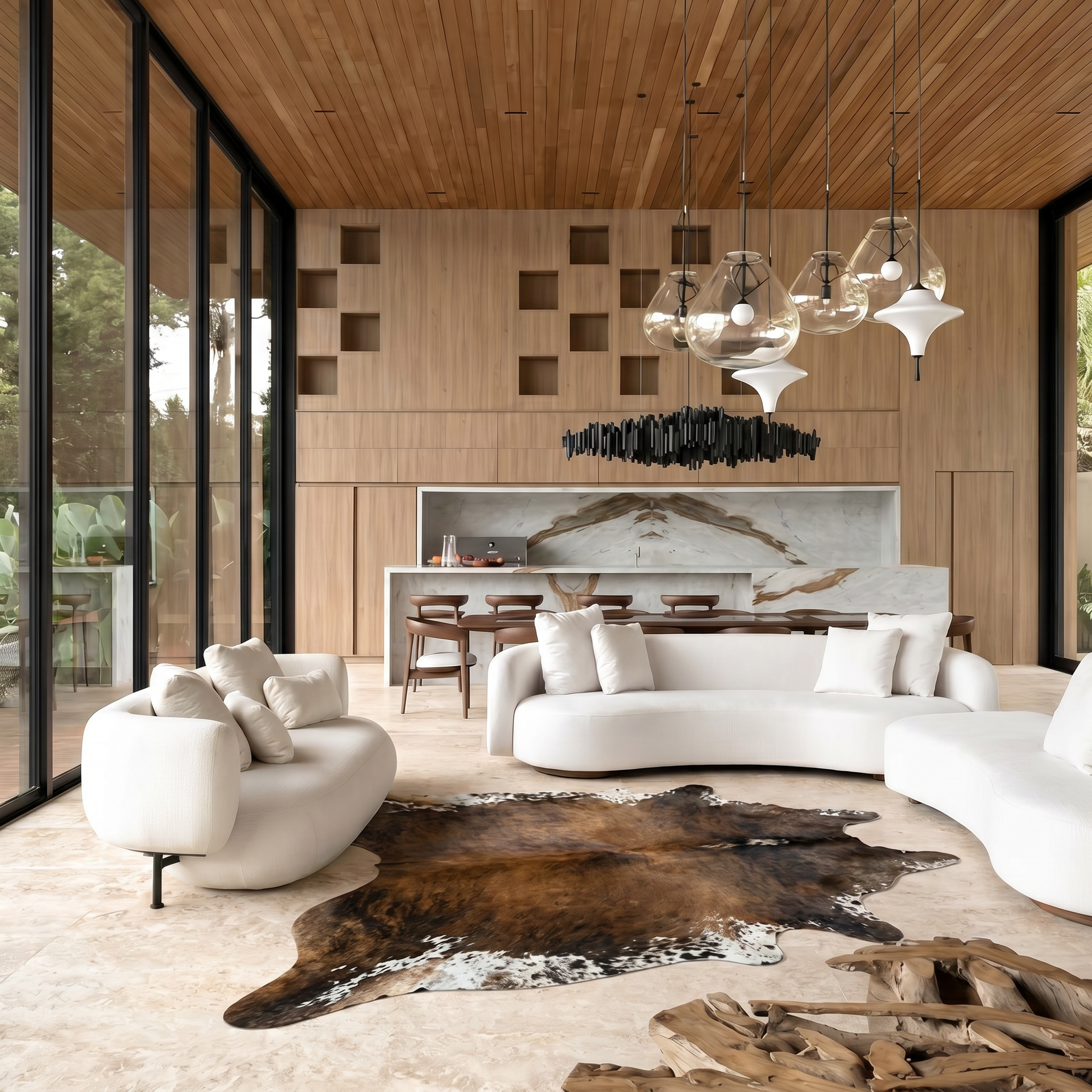 Mocha, chocolate and ivory cowhide rug styled on the floor of a bright modern loft living room