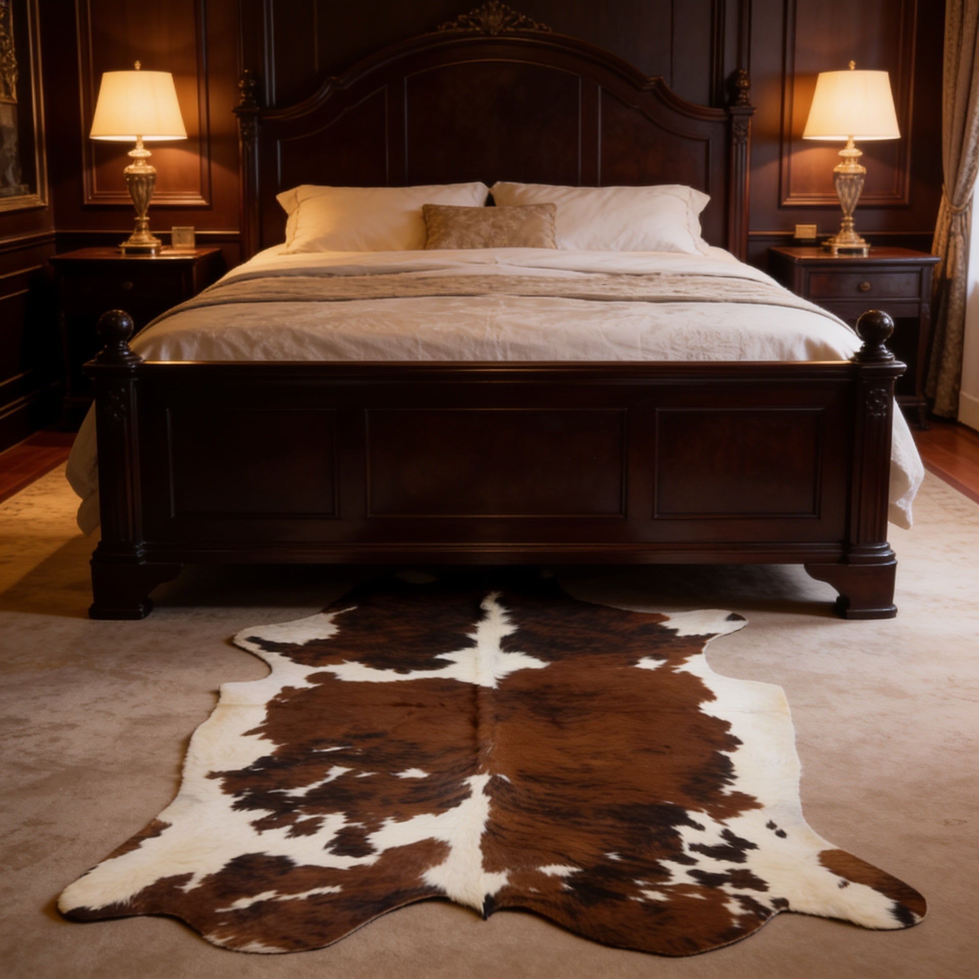 HN-23243 cowhide rug in luxury bedroom