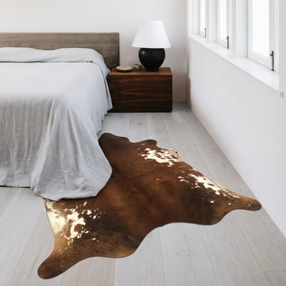 Caramel and ivory exotic printed cowhide rug styled on the light oak floor of an editorial bedroom