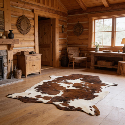 HN-23208 cowhide rug in timber house interior