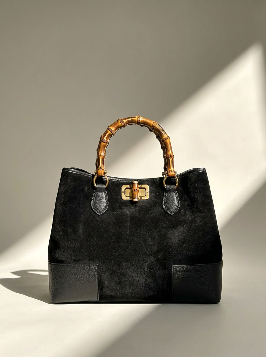 Ginevra Suede Bamboo Tote Bag in Black