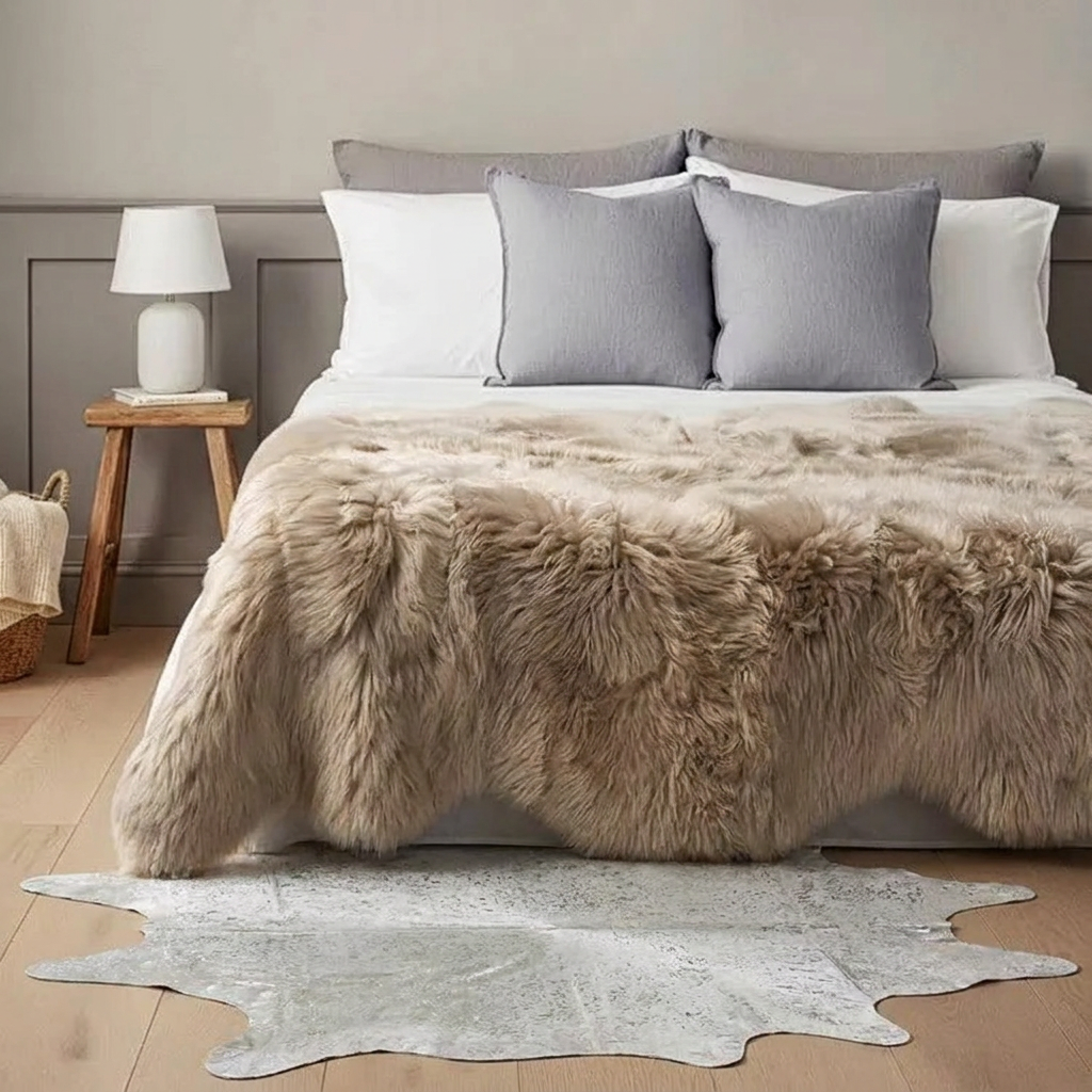 Silver on off-white metallic cowhide rug styled on the pale oak floor of a minimal grey-panelled bedroom