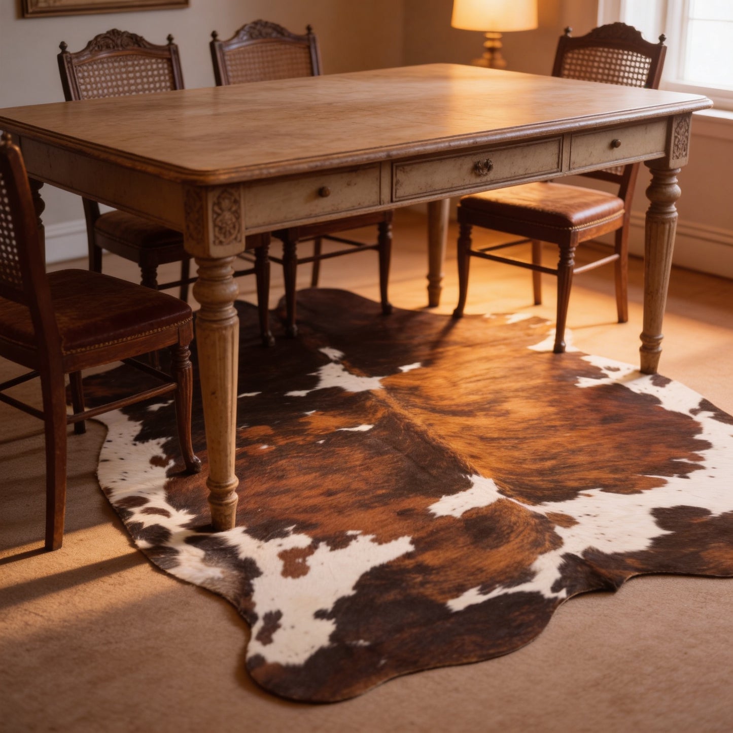HN-23392 cowhide rug under dining table