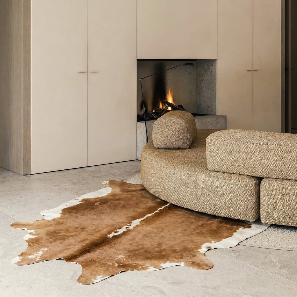 Caramel and ivory exotic printed cowhide rug styled on the floor of an editorial interior