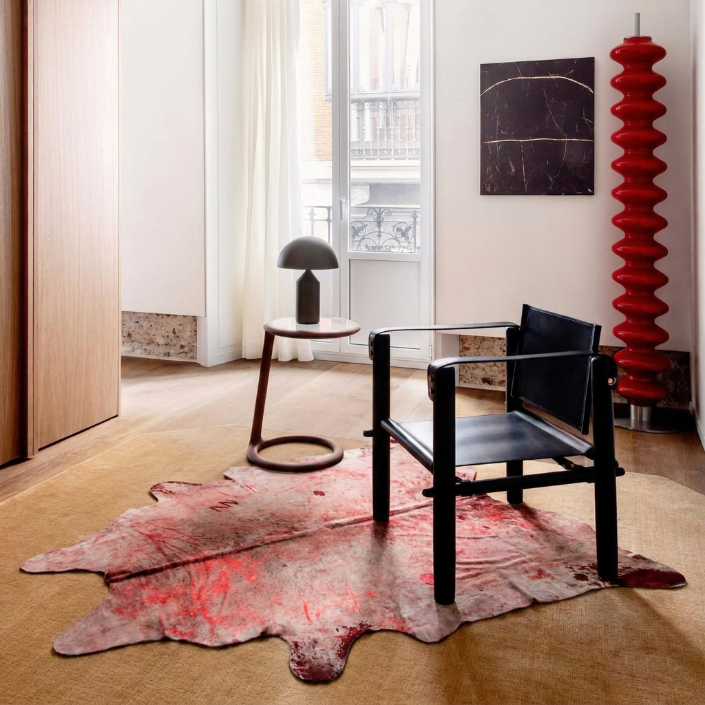 Metallic acid-wash cowhide rug styled on the oak floor of a warm minimal reading corner