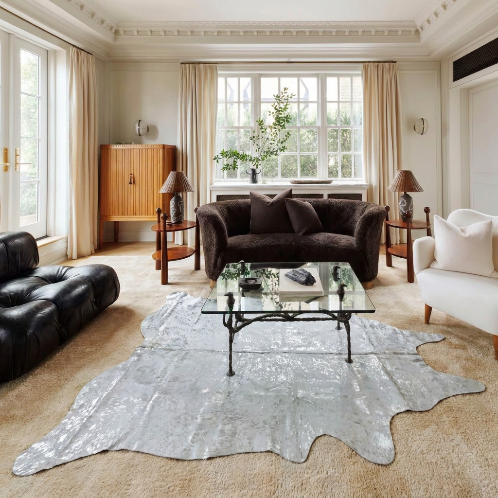 Silver on off-white metallic cowhide rug styled under a glass coffee table in an elegant cream prewar living room