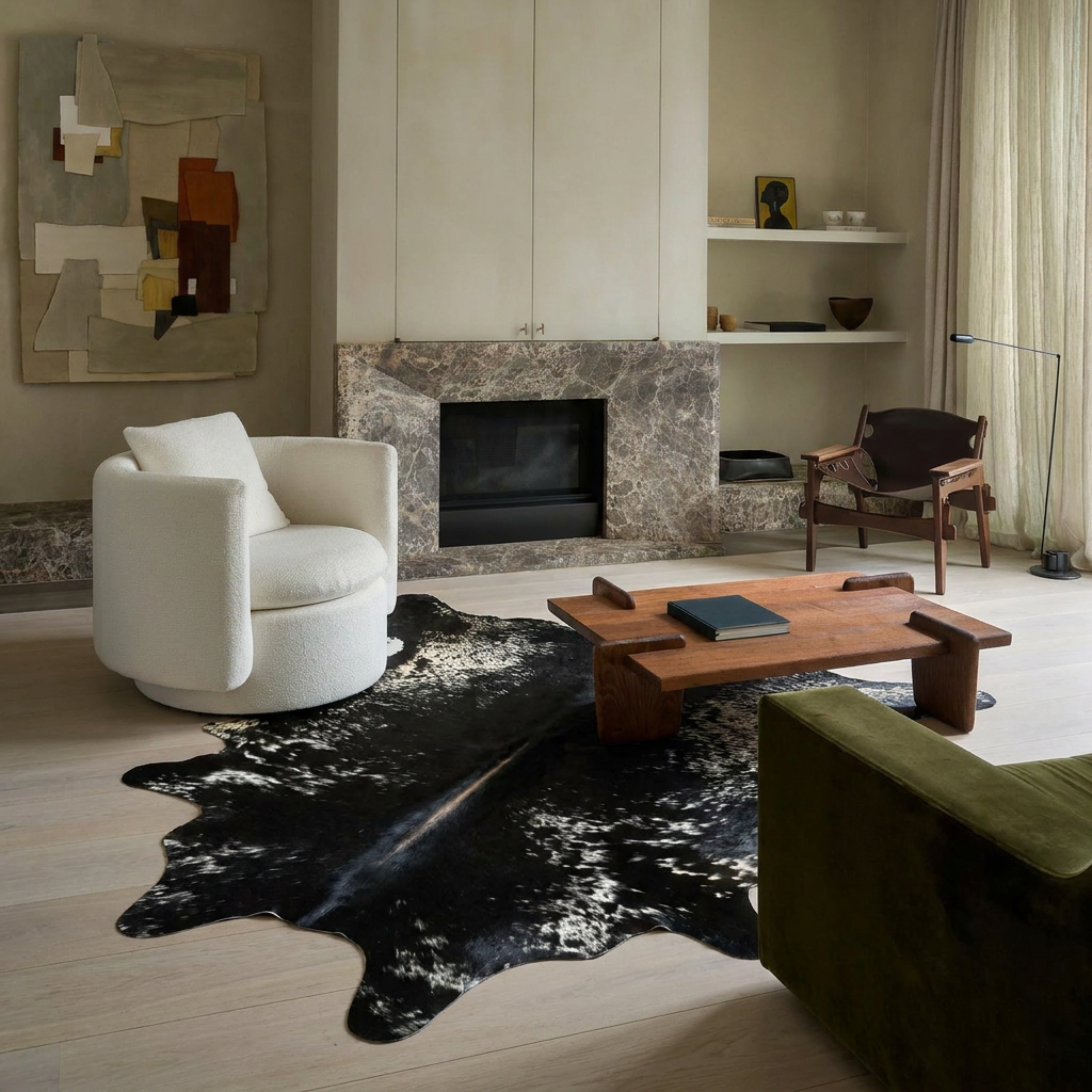 Natural cowhide rug styled on the floor of an editorial interior room