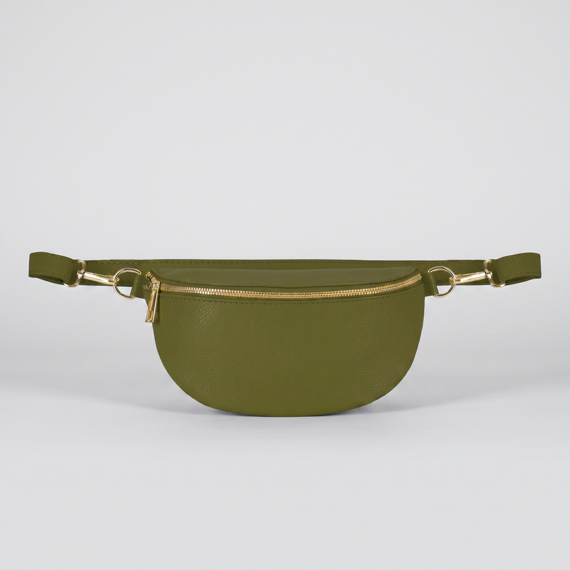 Romy leather crossbody bum bag in Olive on light grey studio background