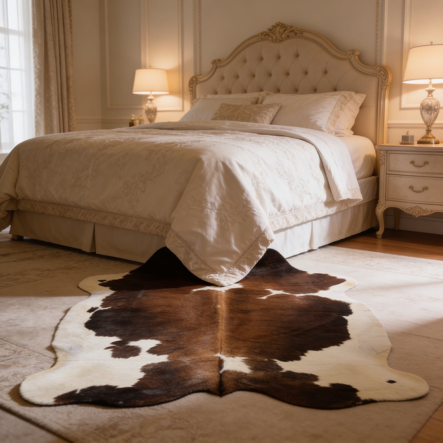 HN-23396 cowhide rug at foot of bed in bedroom