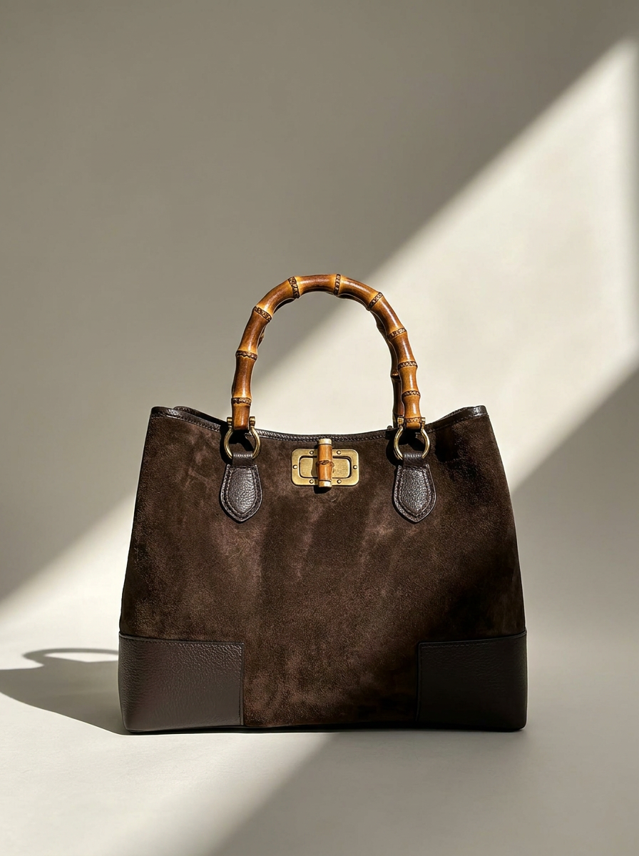 Ginevra Suede Bamboo Tote Bag in Dark Brown