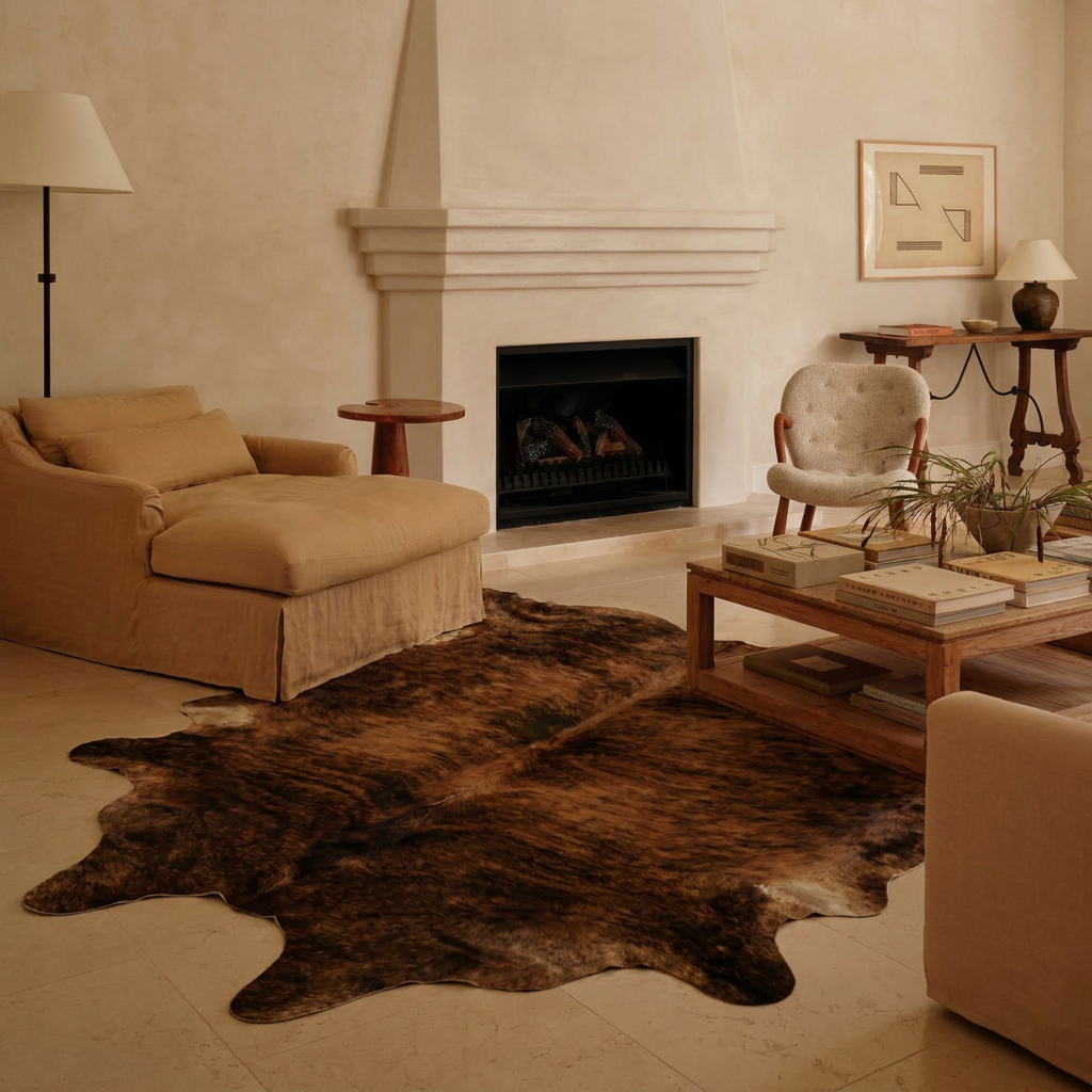 Dark brindle cowhide rug styled on the floor of an editorial interior