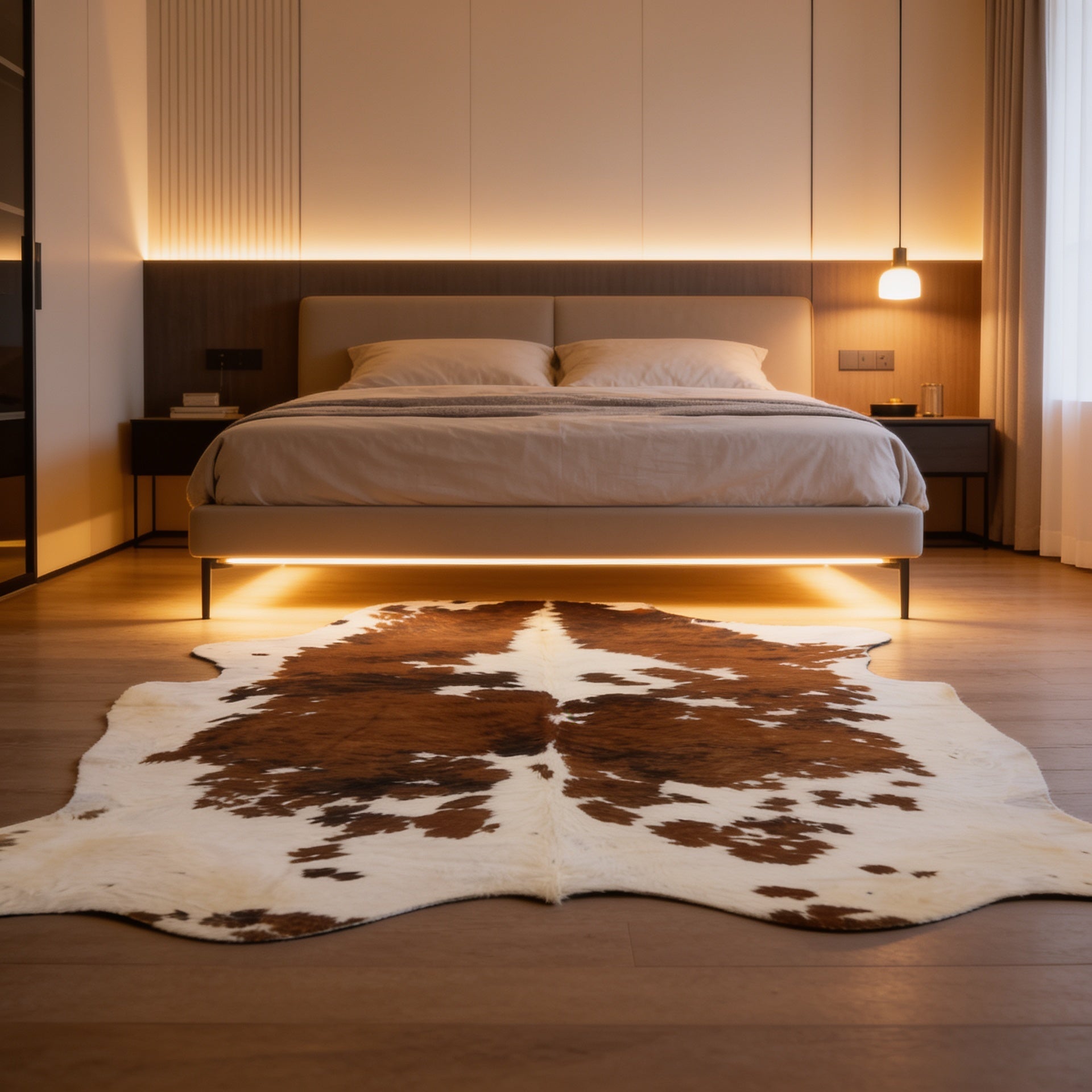 HN-23236 cowhide rug in cozy bedroom