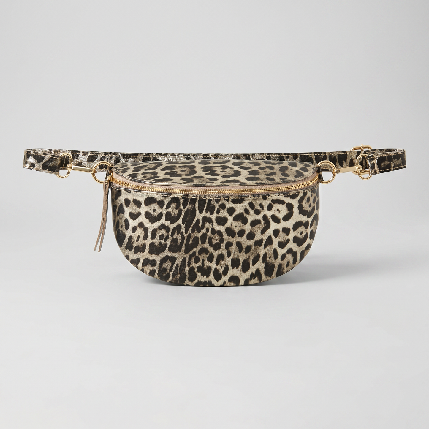 Romy Leopard Crossbody Bum Bag in Light Gold Leopard on light grey studio background