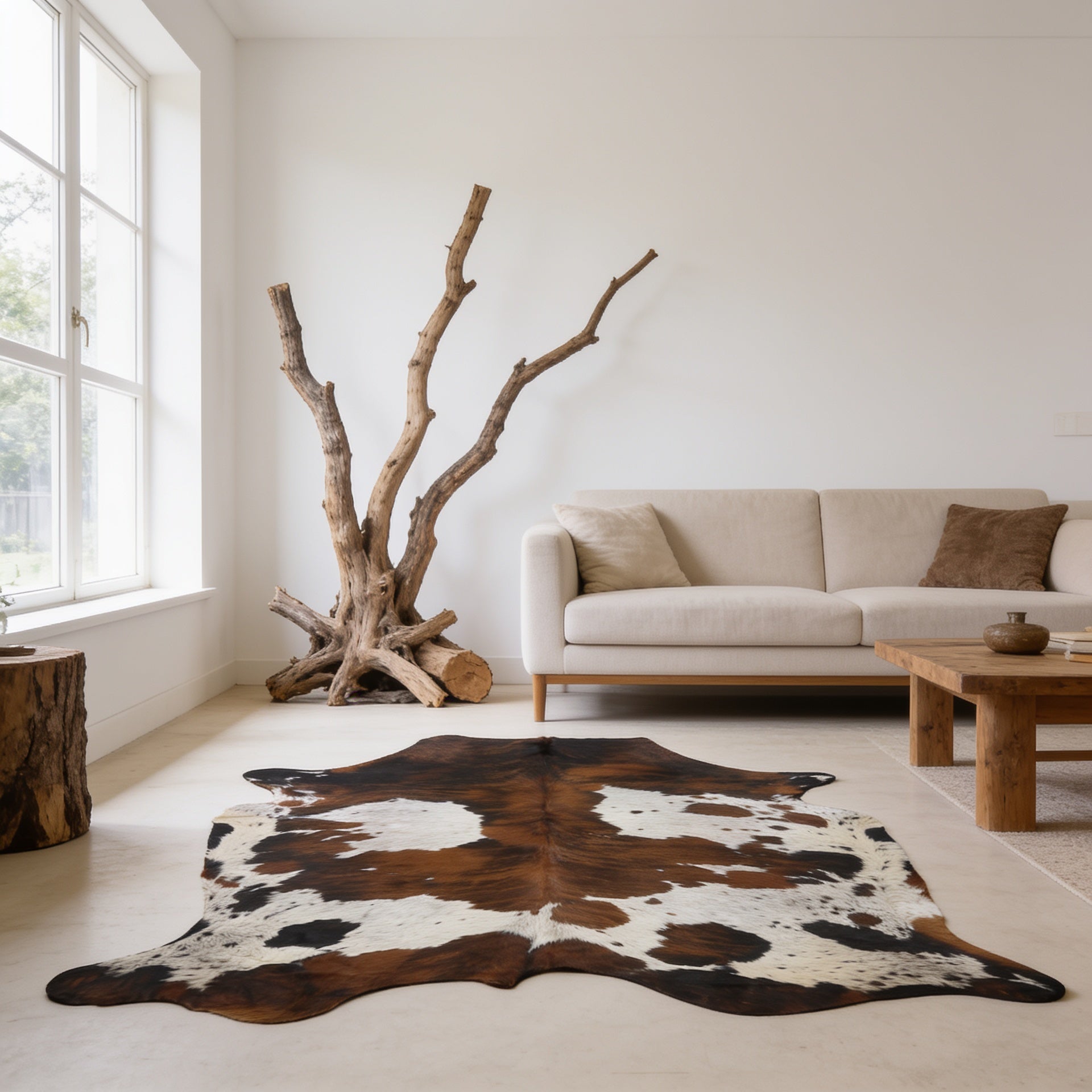 HN-23200 cowhide rug in cozy bright living room
