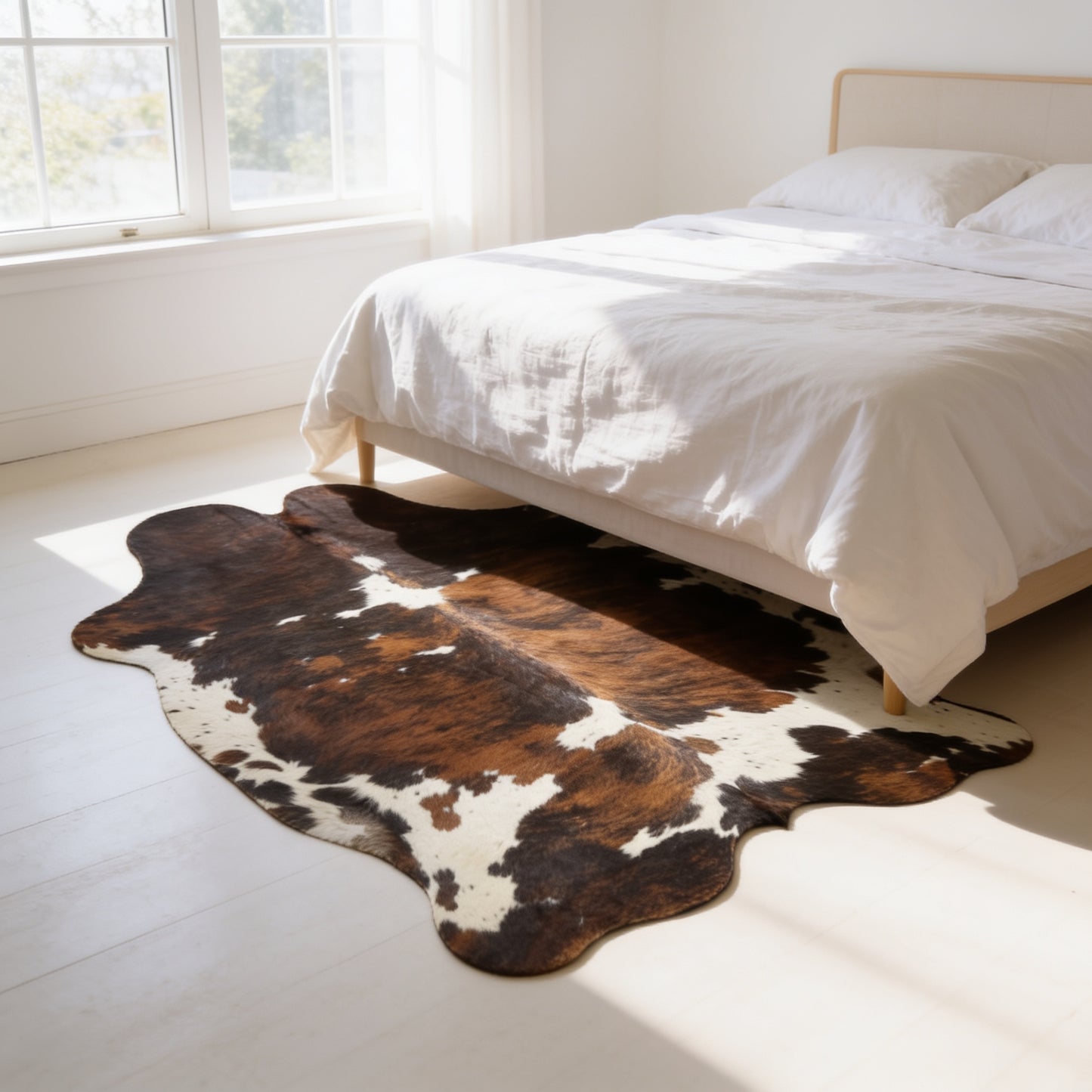 HN-23392 cowhide rug at foot of bed in bedroom