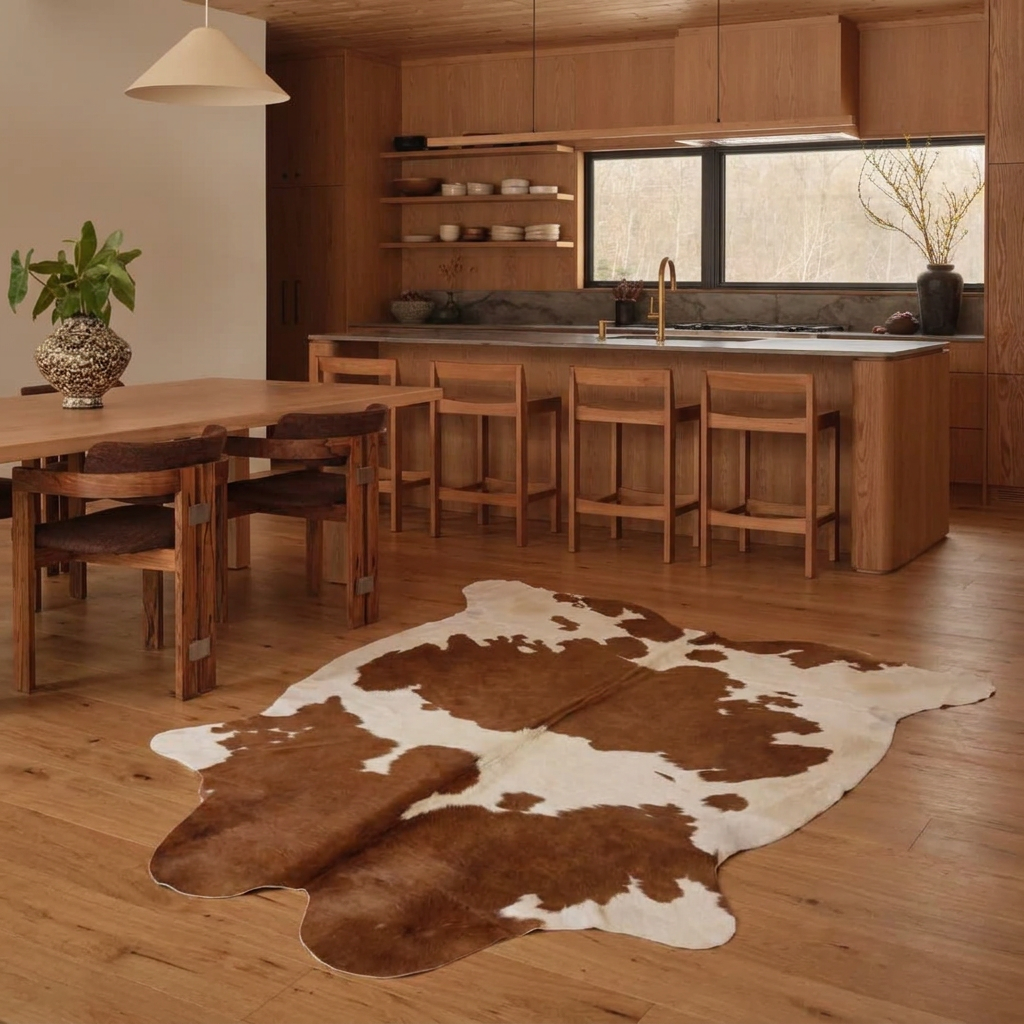 Brown and white natural cowhide rug styled on the floor of a warm oak kitchen and dining room