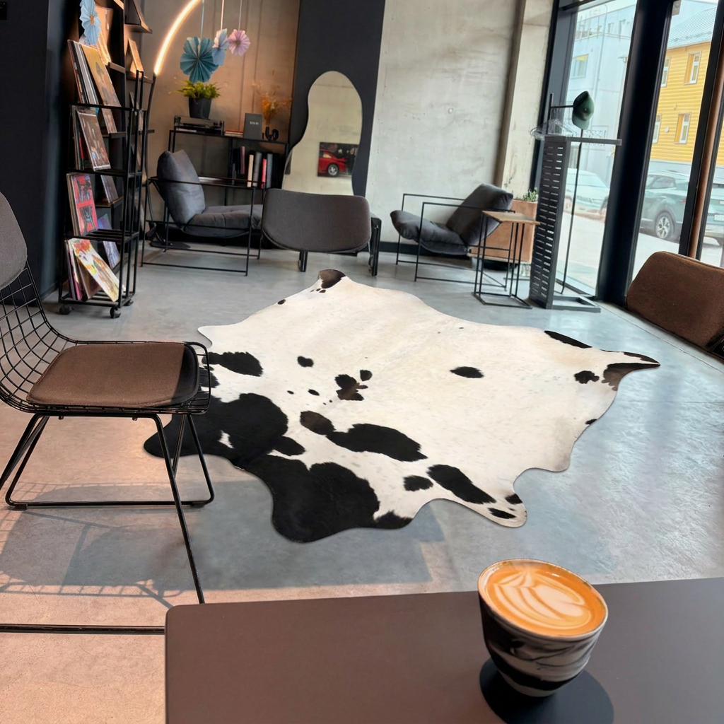 Caramel and ivory exotic printed cowhide rug styled on the floor of an editorial interior
