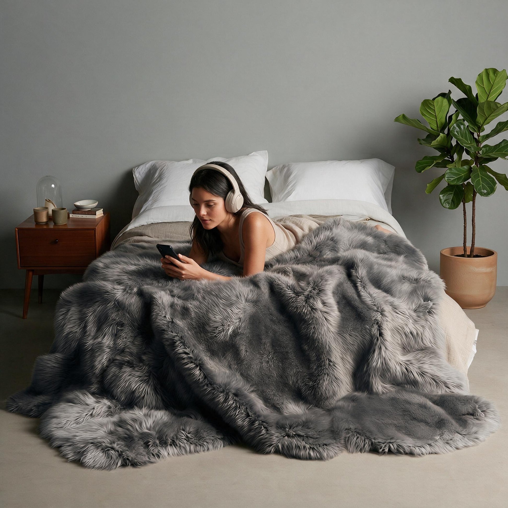 Grey Octo New Zealand sheepskin rug throw styled on a bed, model on her side with headphones and phone
