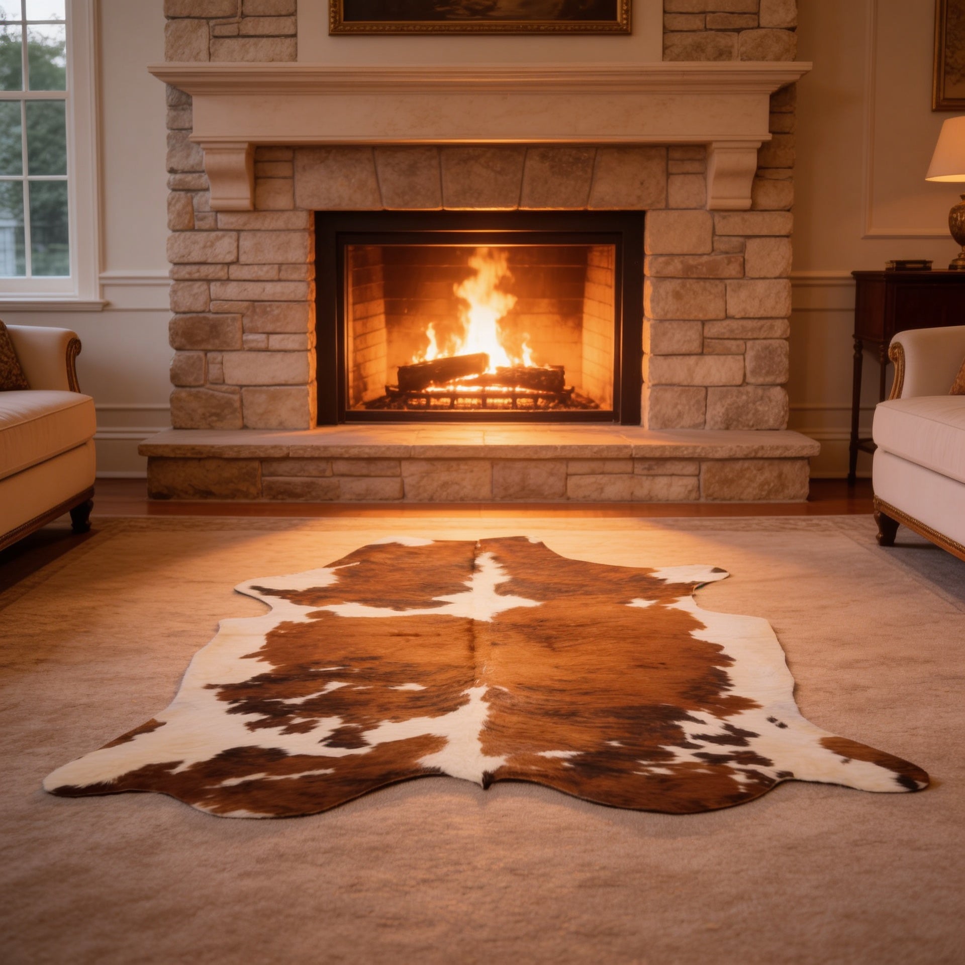 HN-23243 cowhide rug in living room with fireplace
