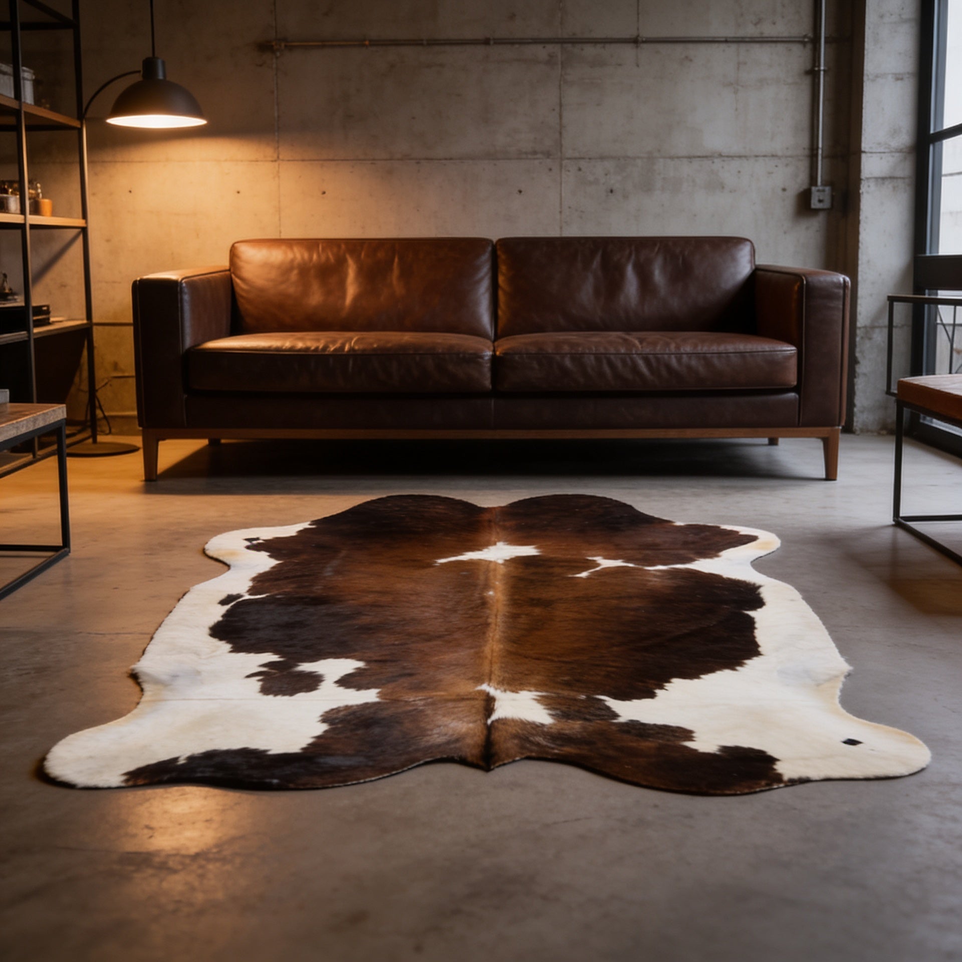 HN-23396 cowhide rug in industrial living room with leather sofa