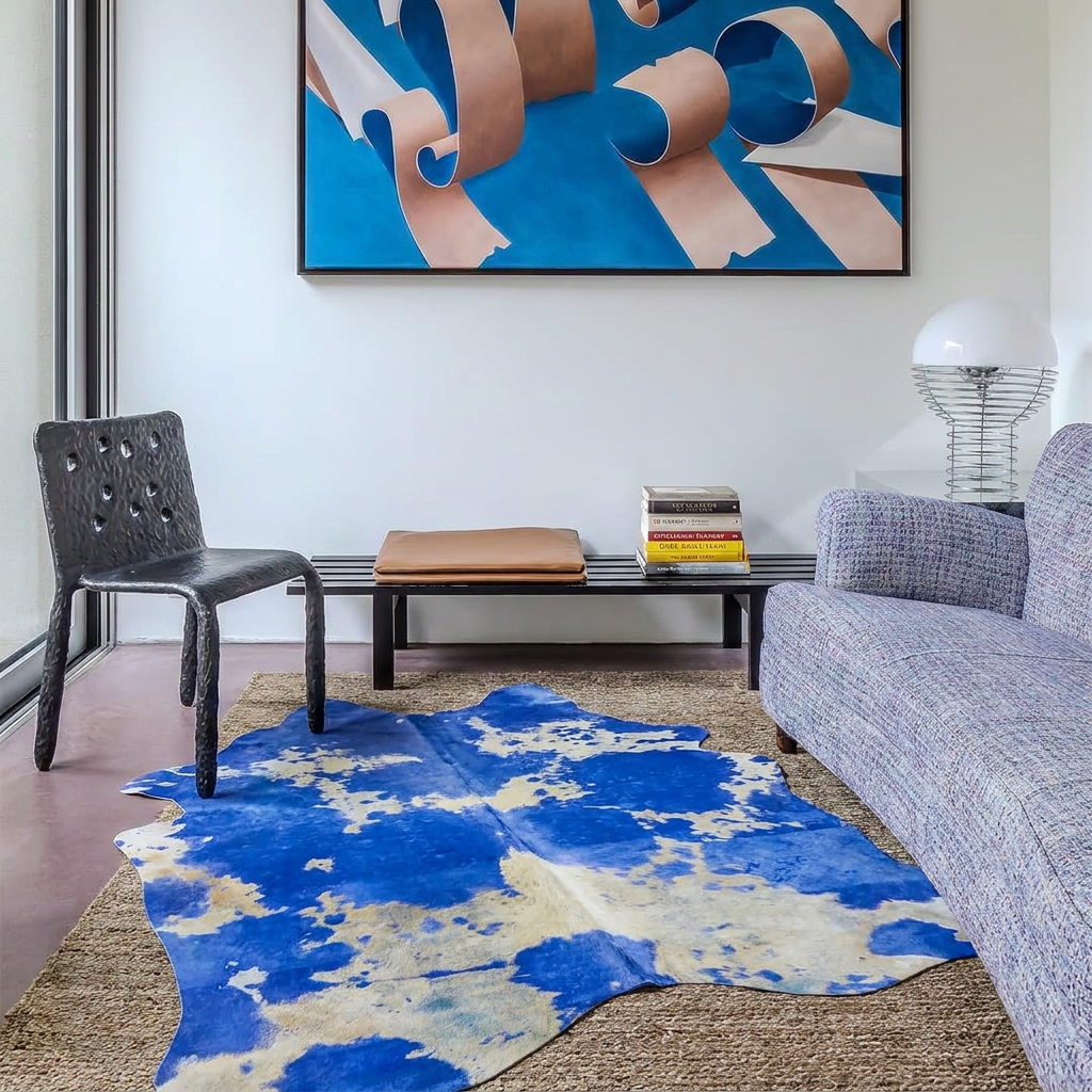 Cobalt blue acid wash cowhide rug styled over a jute rug in a contemporary living room with blue abstract art