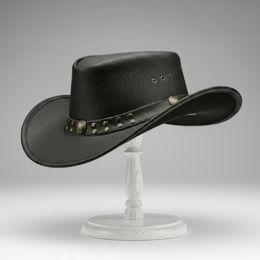 Genuine Cowhide Leather Handmade Western Outback Cowboy Hat, Drifter, Black