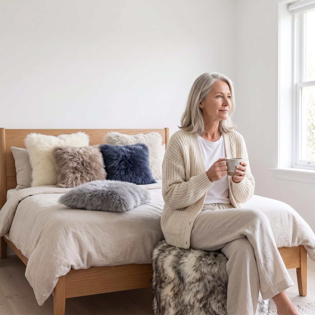 Woman with a mug of tea on a Twilight sheepskin pouffe, sheepskin cushions on the bed