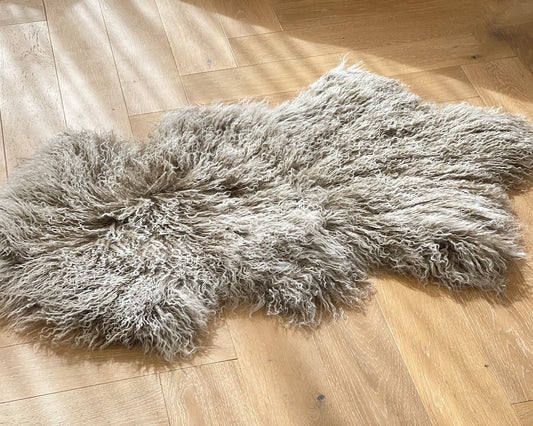 Natural Premium Tibetan Mongolian Sheepskin Rug/Throw, Single, Large (L95 x W60 cm), Taupe