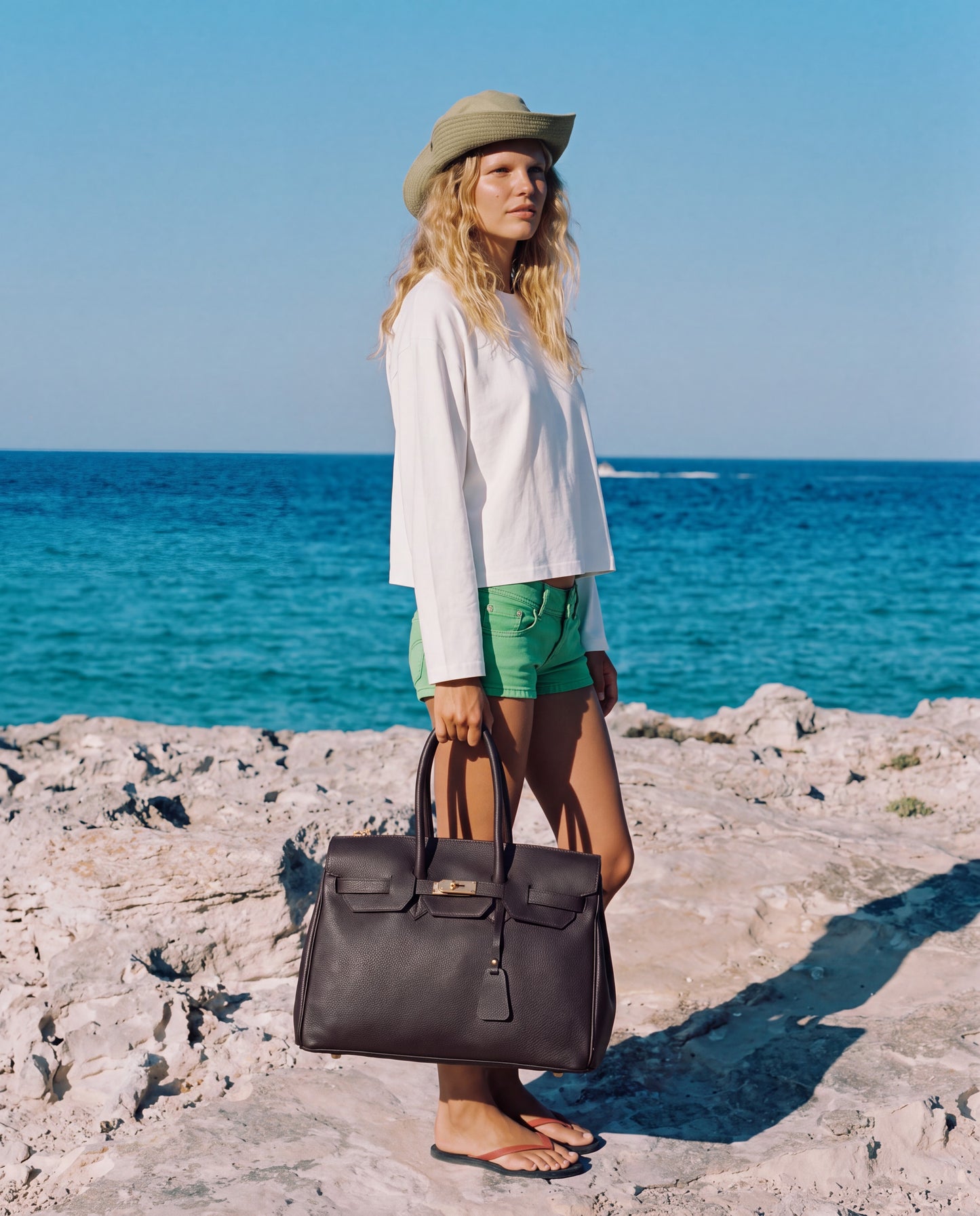 Woman on a rocky Mediterranean shoreline with the Dark Brown Valentina Maxi Leather Tote