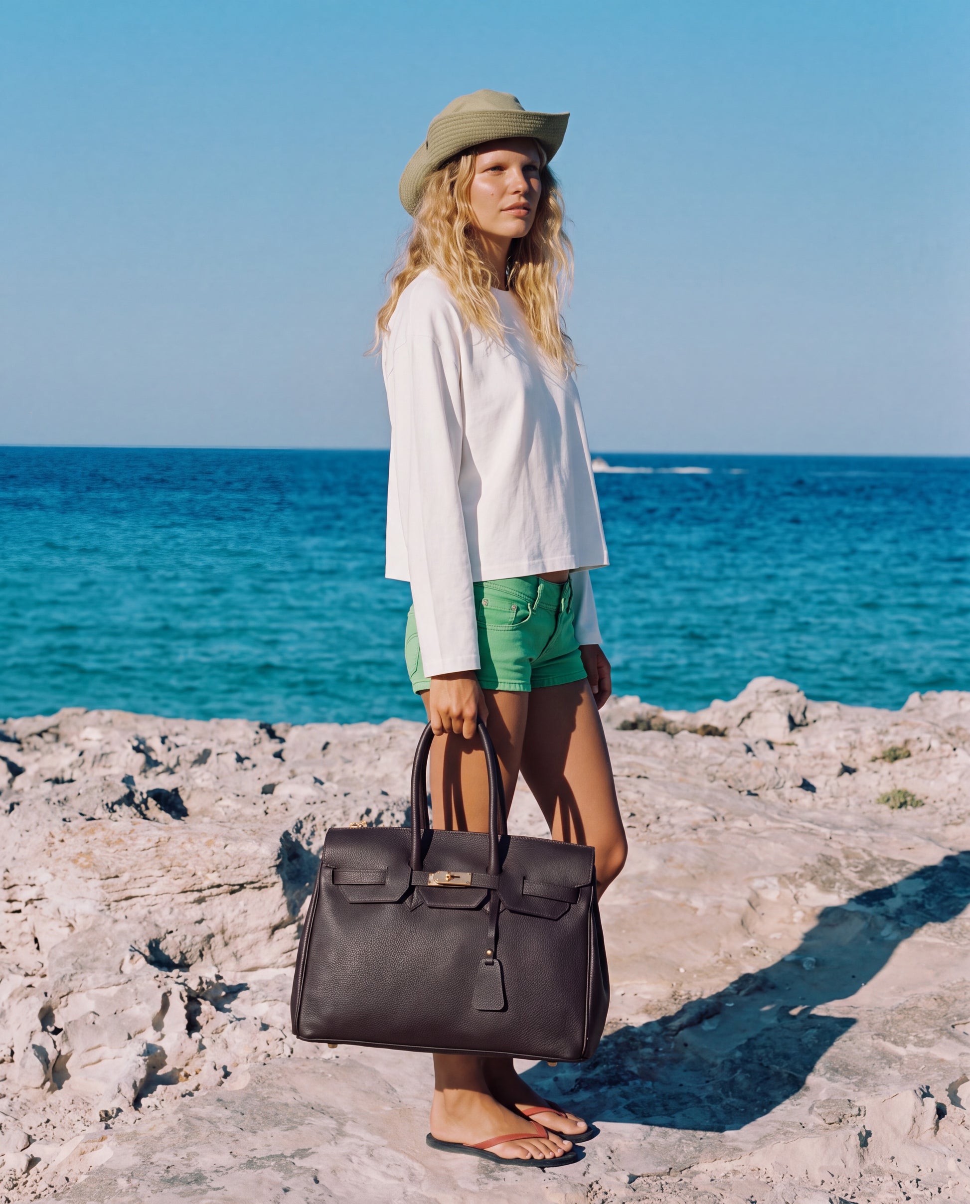 Woman on a rocky Mediterranean shoreline with the Dark Brown Valentina Maxi Leather Tote