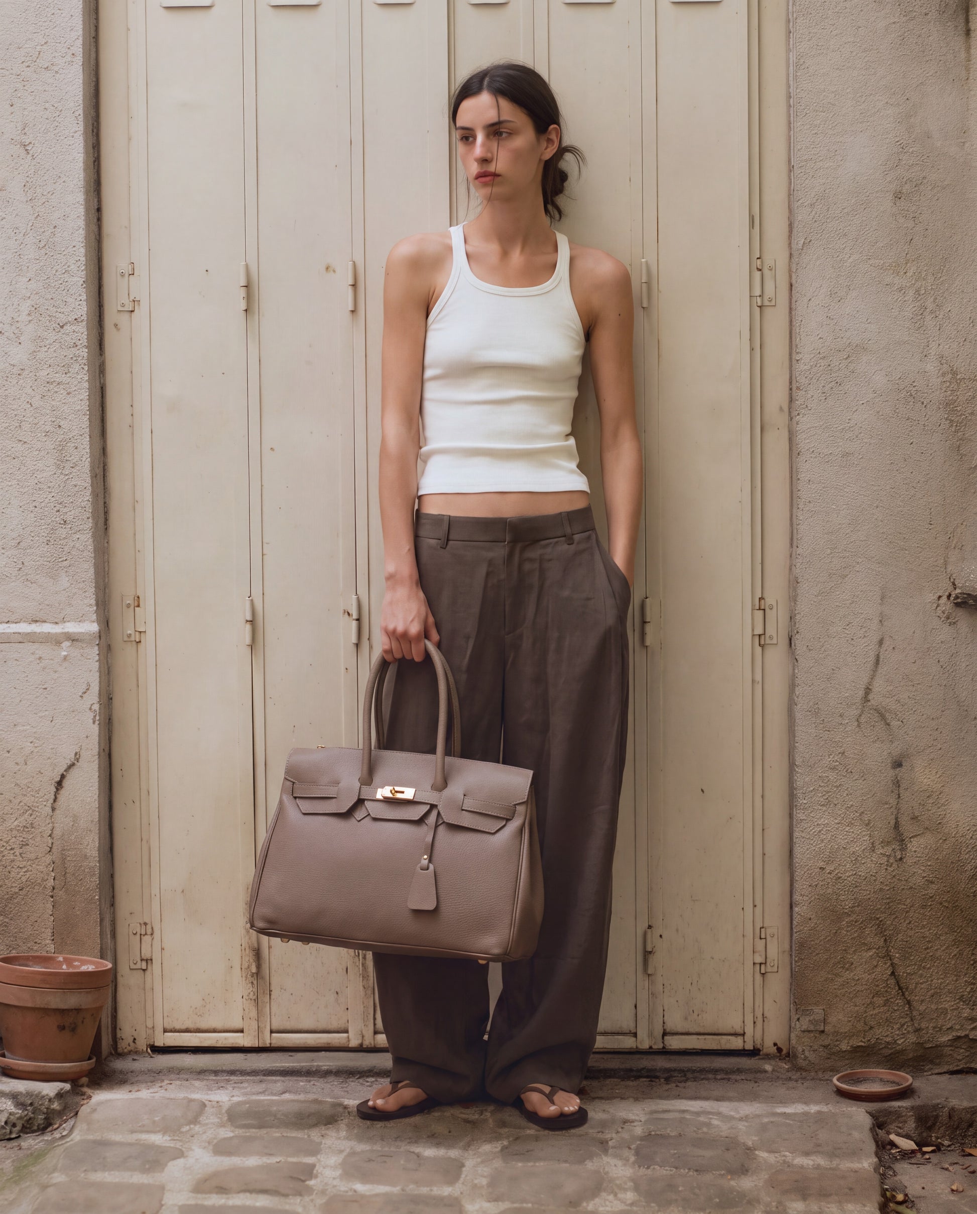 Woman by a rustic pale door holding the Taupe Valentina Maxi Leather Tote