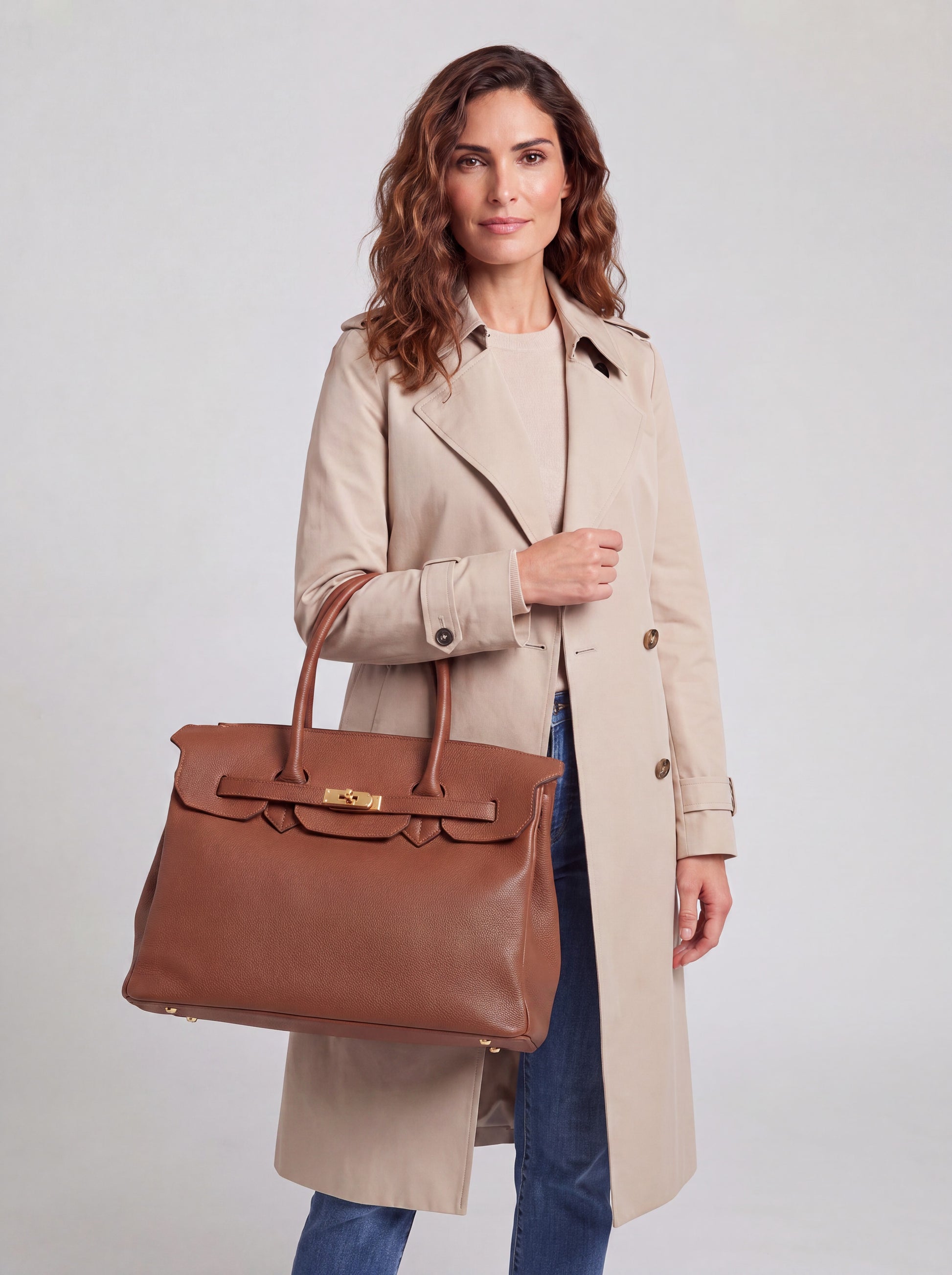 Model carrying the Cognac Valentina Maxi Leather Tote on her arm, studio shot
