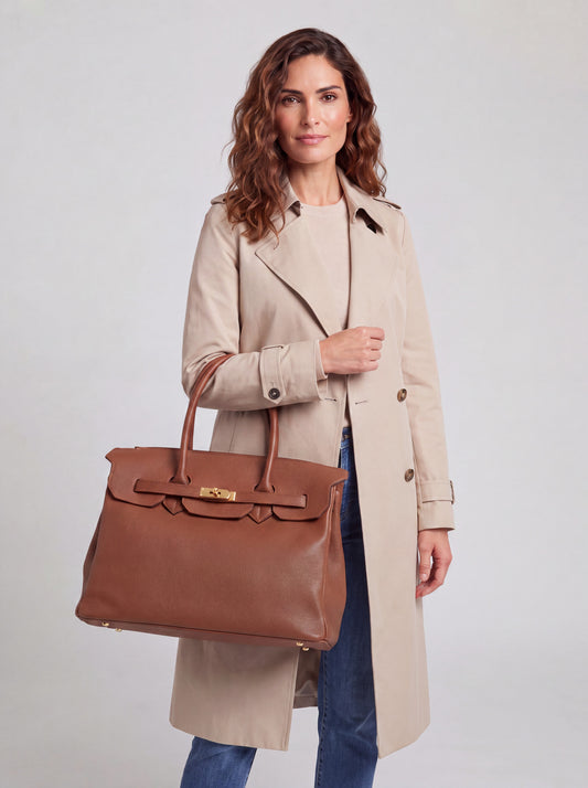 Model carrying the Cognac Valentina Maxi Leather Tote on her arm, studio shot