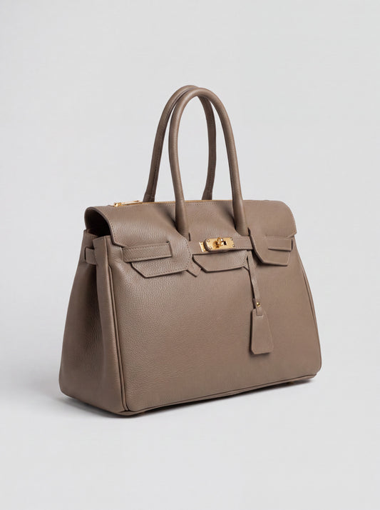 Valentina Maxi Leather Tote in Taupe, three-quarter studio view
