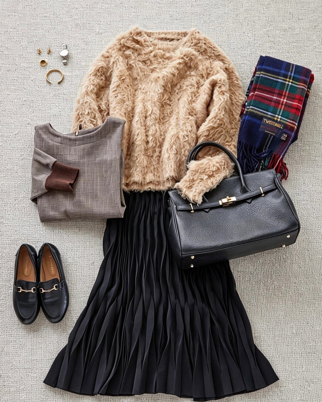 Zoe Leather Tote by Clemés - Black - flat-lay outfit shot