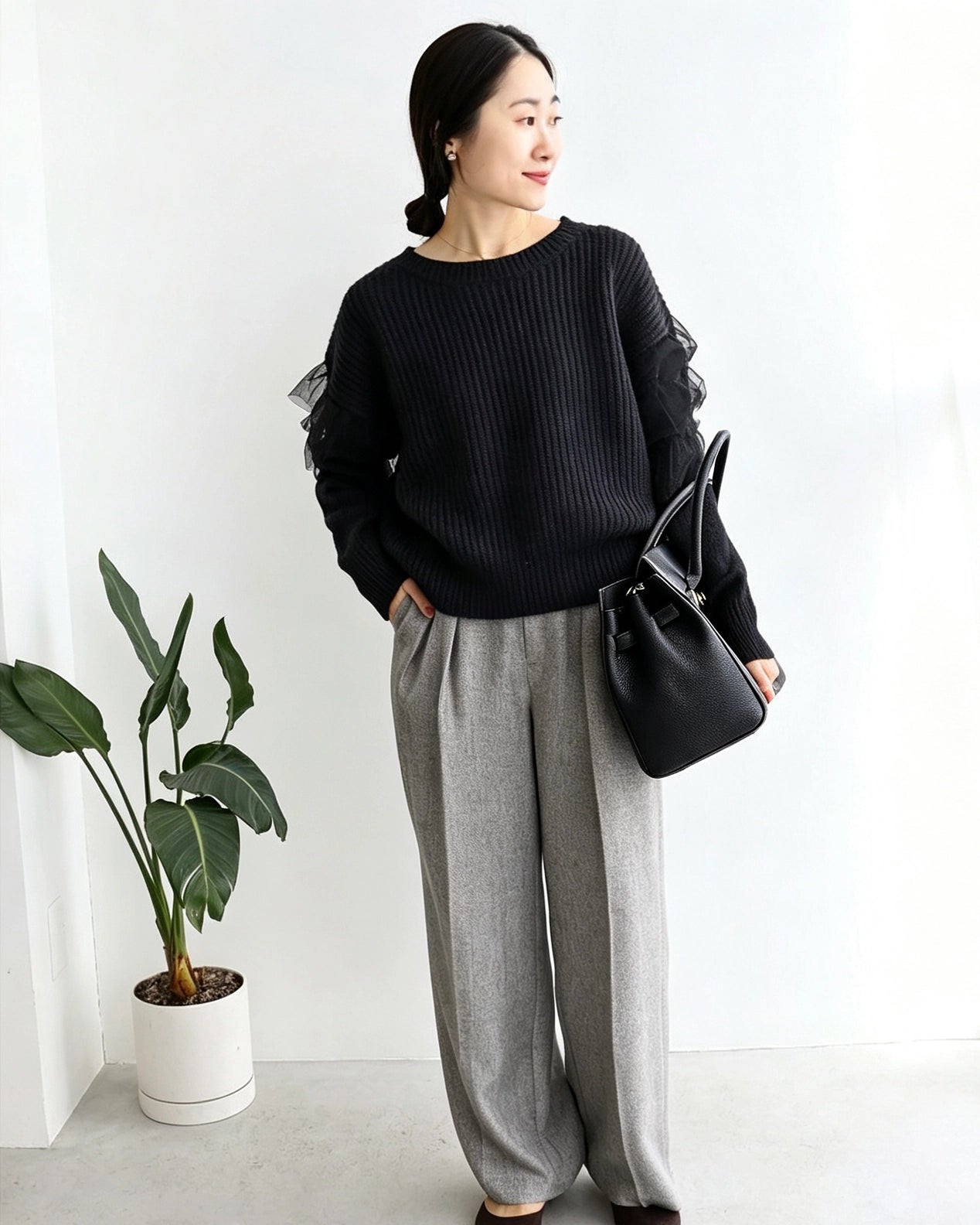 Zoe Leather Tote by Clemés - Black - lifestyle, black sweater